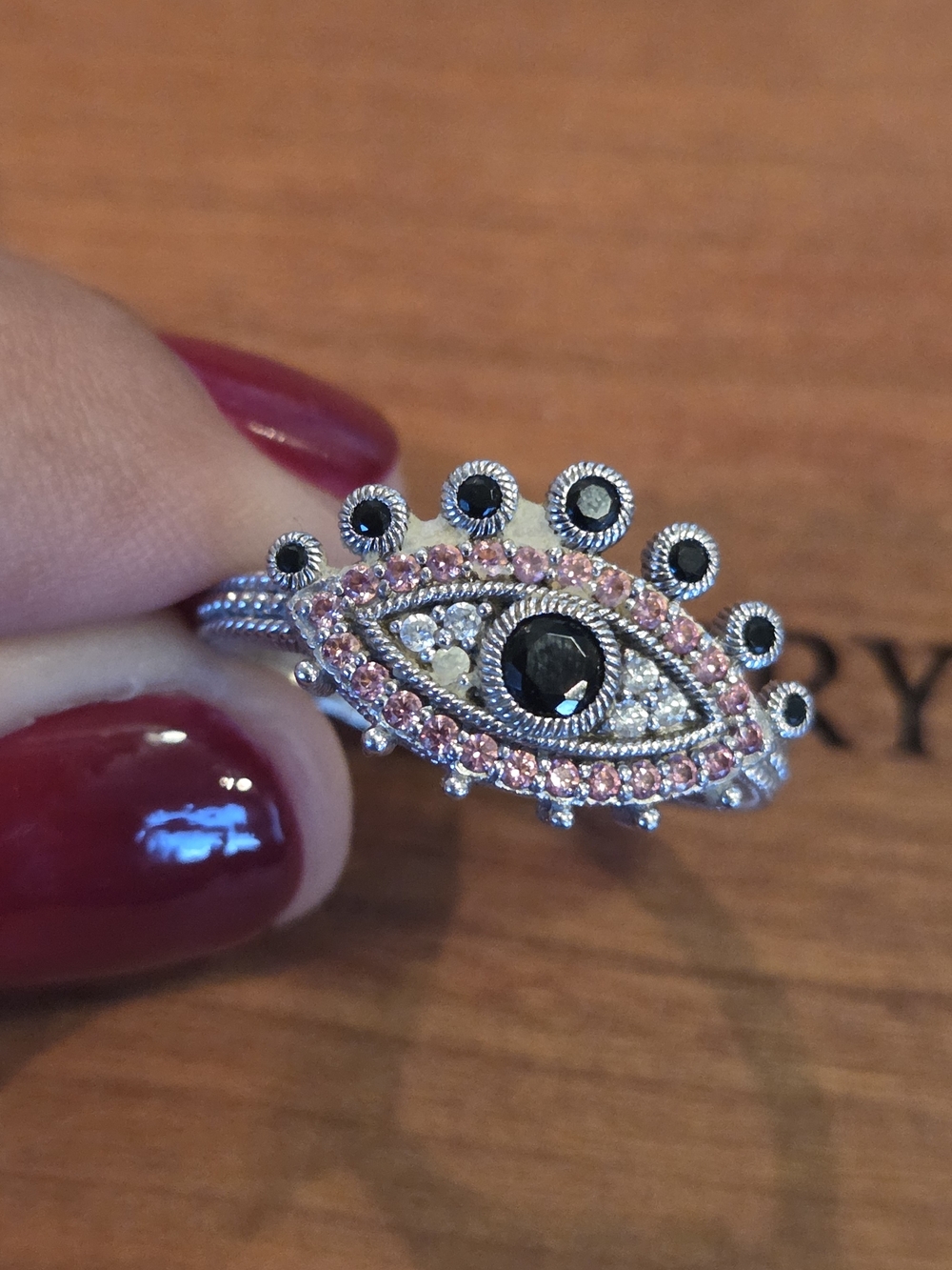 Judith Ripka Sterling Silver Evil Eye Ring with Pink and Black Stones